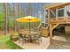 Backyard includes a patio and dining area shaded by a large yellow umbrella at 749 Bowden Rd, Chapel Hill, NC 27516