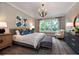 Cozy bedroom featuring an elegant chandelier, bedside tables with lamps, a decorative rug, and plush bedding at , Efland, NC 27243