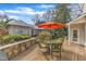 Outdoor deck with an orange umbrella and seating, perfect for entertaining at 206 Spring Ln, Chapel Hill, NC 27514