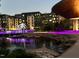 Night view of complex featuring modern architecture and a pond with purple lighting at 228 Adams St, Cary, NC 27513