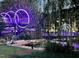Night view of an illuminated walkway over a pond, surrounded by greenery at 228 Adams St, Cary, NC 27513