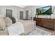 Comfortable bedroom with a TV over a wooden dresser, neutral tones, and an inviting bed with soft pillows at 4095 Elk Crk Ln, Raleigh, NC 27612