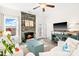 Comfortable living room features a stone fireplace, plush white seating, and bright natural light at 1126 Talisker Way, Burlington, NC 27215