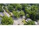 Bird's-eye perspective reveals a property's setting amongst mature trees, streets, and neighboring homes at 1200 Glenwood Ave, Raleigh, NC 27605