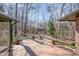 Brick patio with outdoor seating offers a peaceful view of the wooded backyard at 221 Saddle Ridge Rd, Chapel Hill, NC 27514