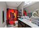 Bathroom showcasing single vanity, toilet, and a bathtub with a unique shower curtain at 47 London Ln, Angier, NC 27501