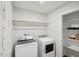 Functional laundry area equipped with modern washer, dryer, and ample storage shelving at 917 Montague Ave, Durham, NC 27703