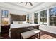 Bright main bedroom boasts a dark wood accent wall, hardwood floors, and large windows overlooking a lush green backyard at 2515 Maplemere Ct, Durham, NC 27703