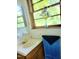 Bathroom featuring a wood vanity, natural light and a scenic backyard view at 323 Ranch Farm Rd, Raleigh, NC 27603