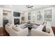 Bright living room features a fireplace, ceiling fan, hardwood floors, and lots of natural light at 357 Roberts Ridge Dr, Cary, NC 27513