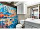 Bathroom featuring modern sink vanity, white cabinets and a painted shower curtain at 4901 North Pointe, Sanford, NC 27332