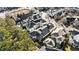 Wide aerial view of a neighborhood featuring large modern homes with dark roofs and lots of green trees at 809 Wayne Dr, Raleigh, NC 27608