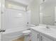 Full bathroom features a tub shower, a single sink vanity and a neutral decor at 1306 Plexor Ln, Knightdale, NC 27545