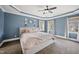 Tranquil main bedroom with blue walls, tray ceiling, and cozy carpeting at 310 Millsfield Drive Dr, Cary, NC 27519
