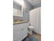 Bathroom with a large vanity, framed mirror, and bathtub with shower at 103 1St St, Haw River, NC 27258