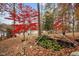 Landscaped backyard with vibrant trees and a charming pond, creating a serene outdoor space at 1315 Sagamore Dr, Louisburg, NC 27549