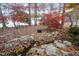 Scenic backyard featuring a small stream, colorful trees, and lake views, perfect for relaxation at 1315 Sagamore Dr, Louisburg, NC 27549