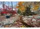 Backyard landscape with a small stream, rocks, and colorful trees offering a tranquil setting at 1315 Sagamore Dr, Louisburg, NC 27549