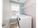 Convenient laundry room featuring front load washer and dryer and wire shelving for storage at 141 W Falcon Ct., Clayton, NC 27520