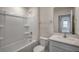 Bathroom featuring a shower and tub with a crisp white sink with vanity and ample lighting at 409 Citron St, Sanford, NC 27332
