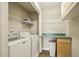 Functional laundry room featuring a washer, dryer, storage shelves and a counter at 6108 King Croydon Ct, Raleigh, NC 27603