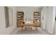 Well-lit home office with a wooden desk, shelving units, and modern decor at 81 St Andrews Dr, Zebulon, NC 27597