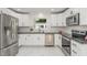 A well-equipped kitchen featuring stainless appliances, white cabinetry, a dark countertop, and subway tile backsplash at 905 N Hyde Park Ave, Durham, NC 27701