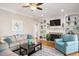 Inviting living room featuring a fireplace, built-in shelving, and comfortable seating at 104 Buckden Pl, Cary, NC 27518