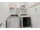 Laundry room features modern washer and dryer with storage shelves at 106 Capanne Ct, Clayton, NC 27527