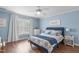 Cozy bedroom with blue walls, white trim, a ceiling fan, and comfortable furnishings at 1233 Dunn Creek Xing, Wake Forest, NC 27587
