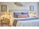 Close-up of well-decorated bed with floral wall art and stylish bedside lamps at 200 S Dawson St # 303, Raleigh, NC 27601