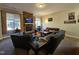 Comfortable living room features a stone fireplace, large windows, and modern furnishings at 2132 Royal Berry Ct, Cary, NC 27511