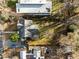 Bird's eye view of the home, highlighting the backyard with mature trees and pergola-covered deck at 2511 State St, Durham, NC 27704