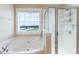 Bathroom with a soaking tub and glass enclosed shower offering clear views of the landscape at 319 Brinkley Cir, Mebane, NC 27302