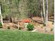 Backyard with a charming bridge, lush landscaping, and serene natural beauty at 363 Rolling Meadows Ln, Chapel Hill, NC 27517