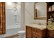 Bathroom featuring a shower over tub, vanity with mirror, and modern fixtures at 363 Rolling Meadows Ln, Chapel Hill, NC 27517