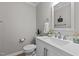 Modern half-bathroom featuring a white vanity with a large sink, mirror and natural plants at 402 Homestead Park Dr, Apex, NC 27502