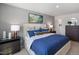 Comfortable bedroom with soft gray walls, neutral carpet and a cozy bed with blue bedding at 416 Belgian Red Way, Wake Forest, NC 27587