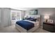 Comfortable bedroom with soft gray walls, neutral carpet and a cozy bed with blue bedding at 416 Belgian Red Way, Wake Forest, NC 27587