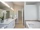 Bright bathroom with double sinks, white cabinetry, and decorative accents, creating a relaxing atmosphere at 5526 Spindlewood Ct, Durham, NC 27703