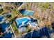 Aerial view of a community pool, playground, and tennis courts surrounded by lush greenery and convenient parking at 5812 Solitude Way, Durham, NC 27713