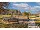 Community playground featuring swings, picnic tables, and a mulched play area, surrounded by mature trees at 710 Legacy Falls S S Dr, Chapel Hill, NC 27517