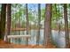 This property features a beautiful backyard pond with trees surrounding it and a wooden rope swing at 912 Homestead Park Dr, Apex, NC 27502