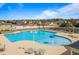 Aerial view of the community pool with lots of lounge seating and mature palm trees at 94 Fawn Hill Ct, Garner, NC 27529