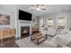 Comfortable living room featuring a fireplace, large windows, and tasteful decor for a cozy and stylish living space at 1028 Allaire Dr, Raleigh, NC 27603