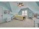 Light and airy bedroom with blue walls, sloped ceiling, and window at 108 Springfield Pl, Hillsborough, NC 27278