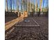 Backyard fire pit, partially fenced with some trees, ready for entertaining on a private lot at 112 Solstice Cir, Cary, NC 27513