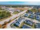 Aerial view of a neighborhood featuring townhomes, local shopping, and major roadways at 1707 Stroll Cir, Fuquay Varina, NC 27526