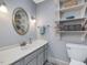 Bright bathroom featuring vanity with a sink, toilet, and open shelving at 1834 Dewitt Smith Rd, Pittsboro, NC 27312