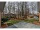 Large backyard with mature trees, a well-kept lawn, and a gray patio at 2504 Churchill Dr, Burlington, NC 27215